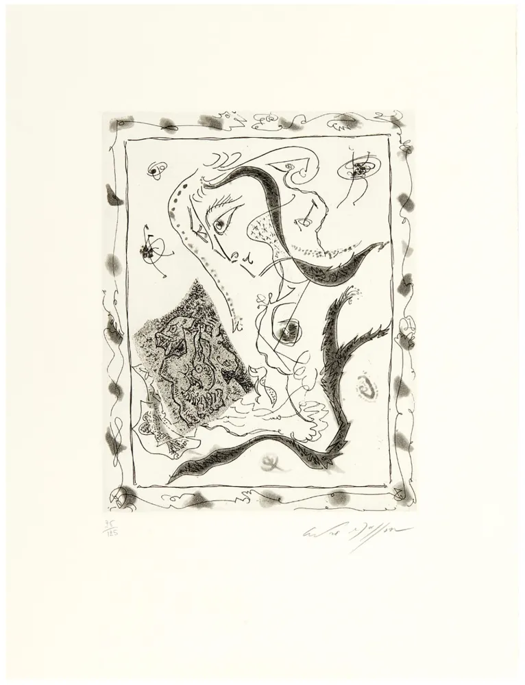 Acquaforte E Acquatinta Masson - Jeune fille regardant un dessin surréaliste (1967)