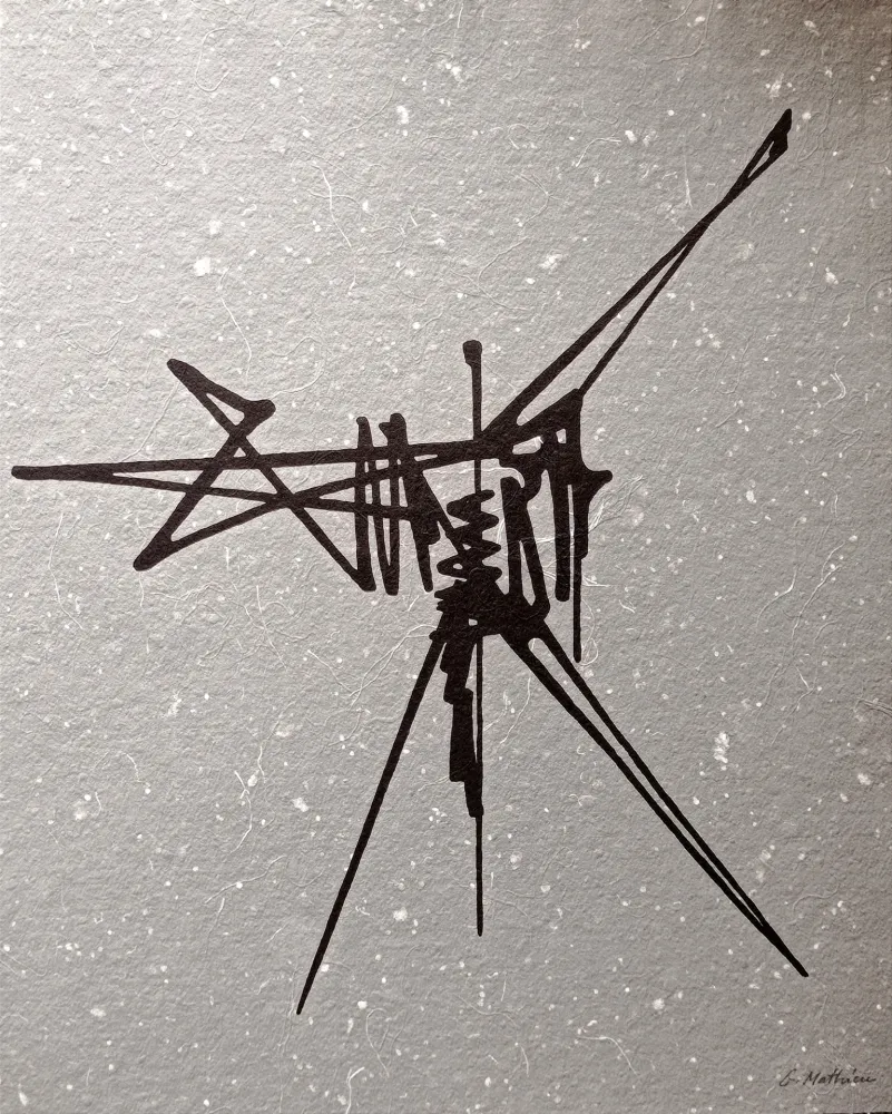 Non Tecnico Mathieu - Abstract Composition, Beautiful Hand signed lithograph, black abstraction on grey background , Hand signed!