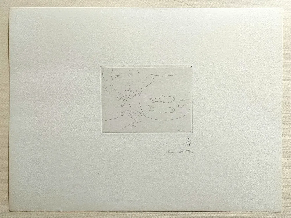 Acquaforte Matisse - Visage de jeune femme et bocal aux trois poissons