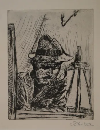 Incisione Meidner - Selbstbildnis (mit Hut im Atelier)