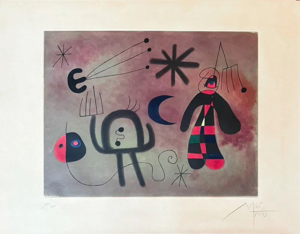 Incisione Miró - Joan Miró (1893–1983) - L'Oiseau Fusée - Coloured etching - 1952