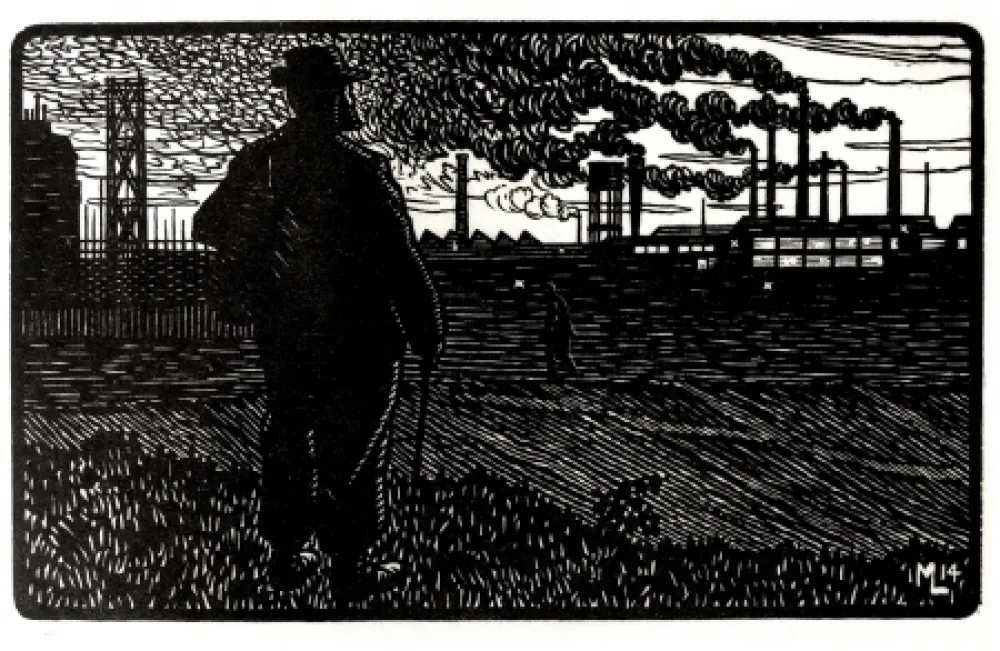 Incisione Moreau - LE CHEMINOT / THE RAILROADER - Gravure s/bois / Woodcut - 1912