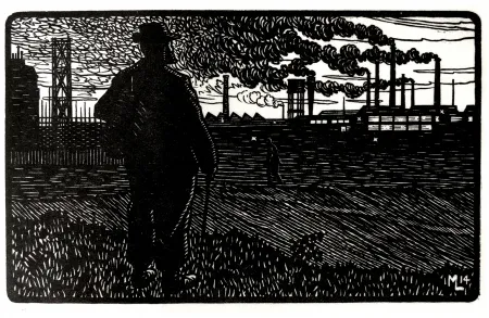 Incisione Moreau - LE CHEMINOT / THE RAILROADER - Gravure s/bois / Woodcut - 1912