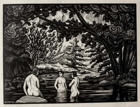 Incisione Su Legno Moreau - LES BAIGNEUSES / BATHERS - Gravure s/bois / Woodcut - 1912
