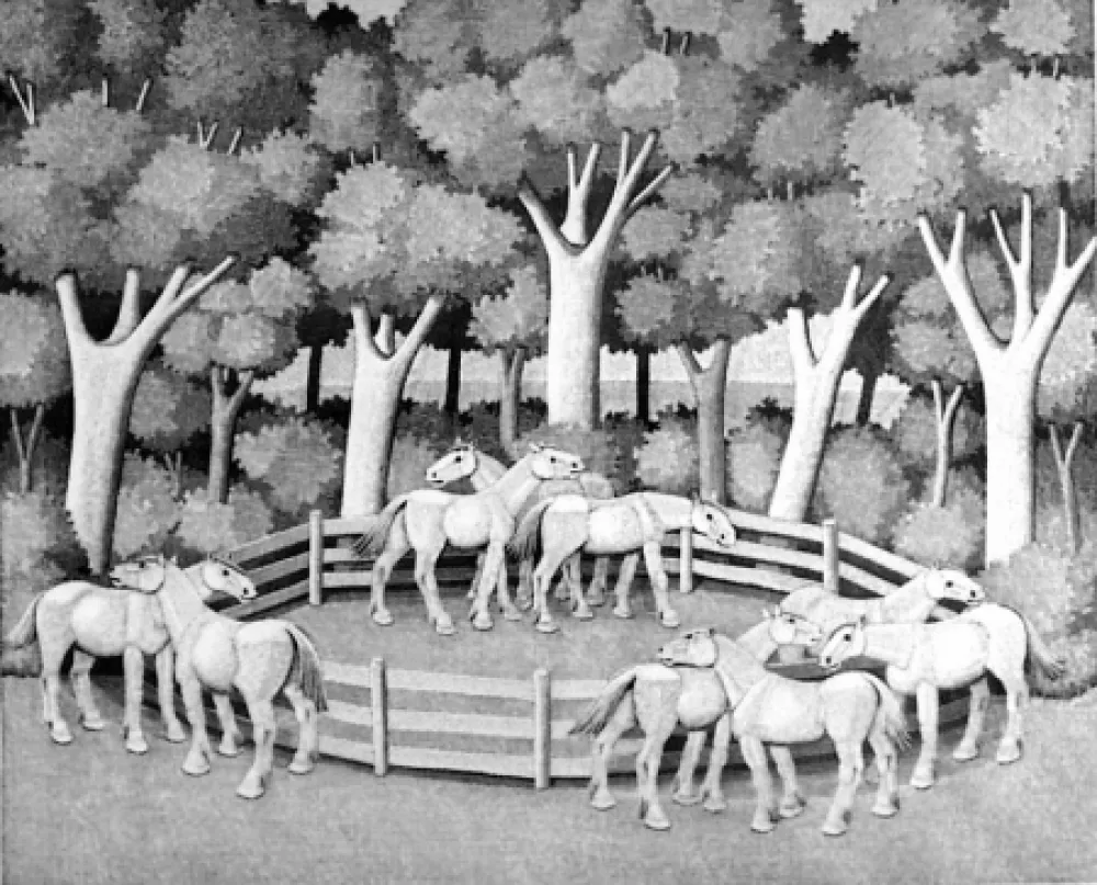 Incisione Su Legno Morena - Cavalli nel bosco