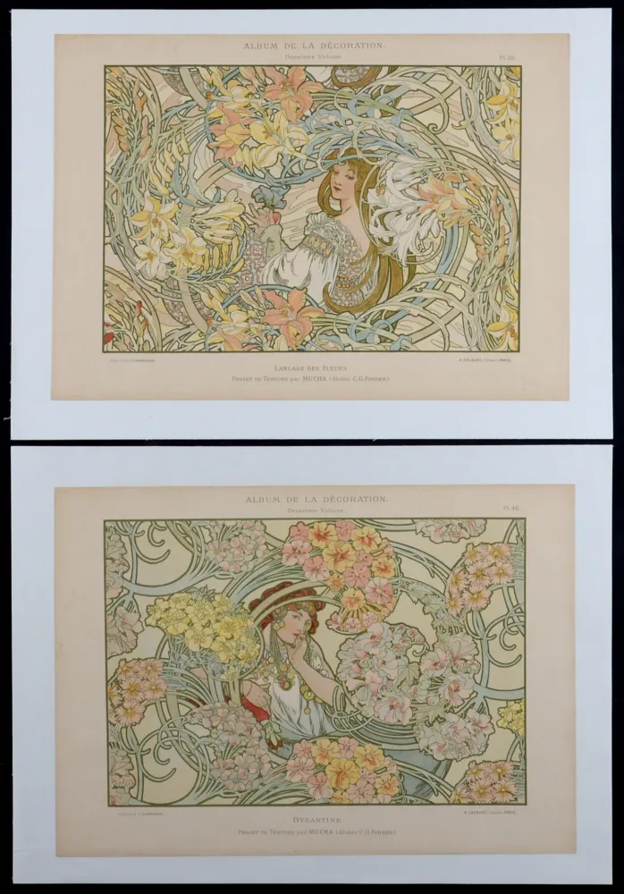Litografia Mucha - Byzantine & Langage des Fleurs, c. 1900 - Rare set of 2 original lithographs!
