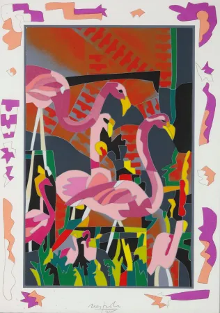 Incisione Nespolo - Ugo Nespolo (1941) - Fenicotteri rosa - screen printing on paper