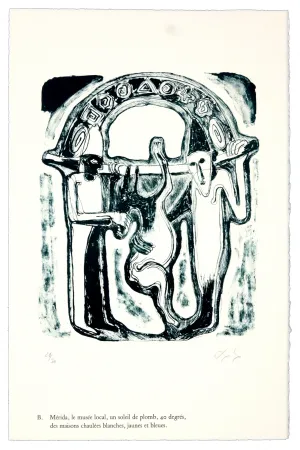 Litografia Nørgaard - B. Mérida, le musée local, un soleil de plomb, 40 degrés, des maisons chaulées blanches, jaunes et bleues