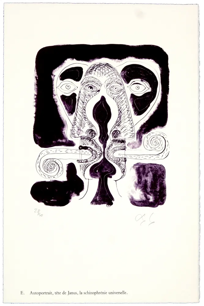 Litografia Nørgaard - E. Autoportrait, tête de Janus, la schizophrénie universelle.