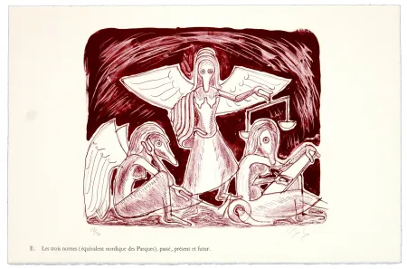 Litografia Nørgaard - E. Les trois normes (équivalent nordique des Parques), le passé, le présent et futur