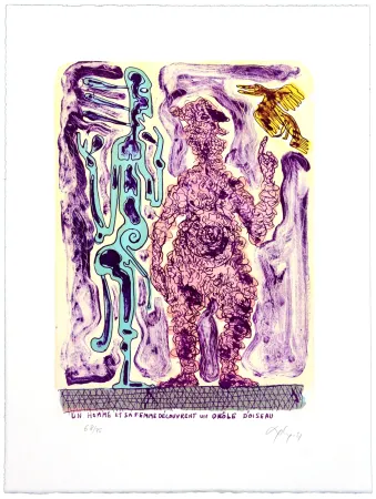 Litografia Nørgaard - Un homme et sa femme découvrent un drôle d’oiseau