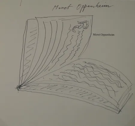 Non Tecnico Oppenheim - Widmungszeichnung eines aufgeschlagenen Buches mit Initial R. auf dem Vortitel eines Buchs mit gedrucktem Namen “Meret Oppenheim“