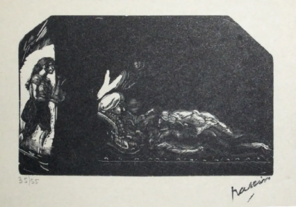 Incisione Su Legno Pascin - Fille avec fleur et scene de Harem