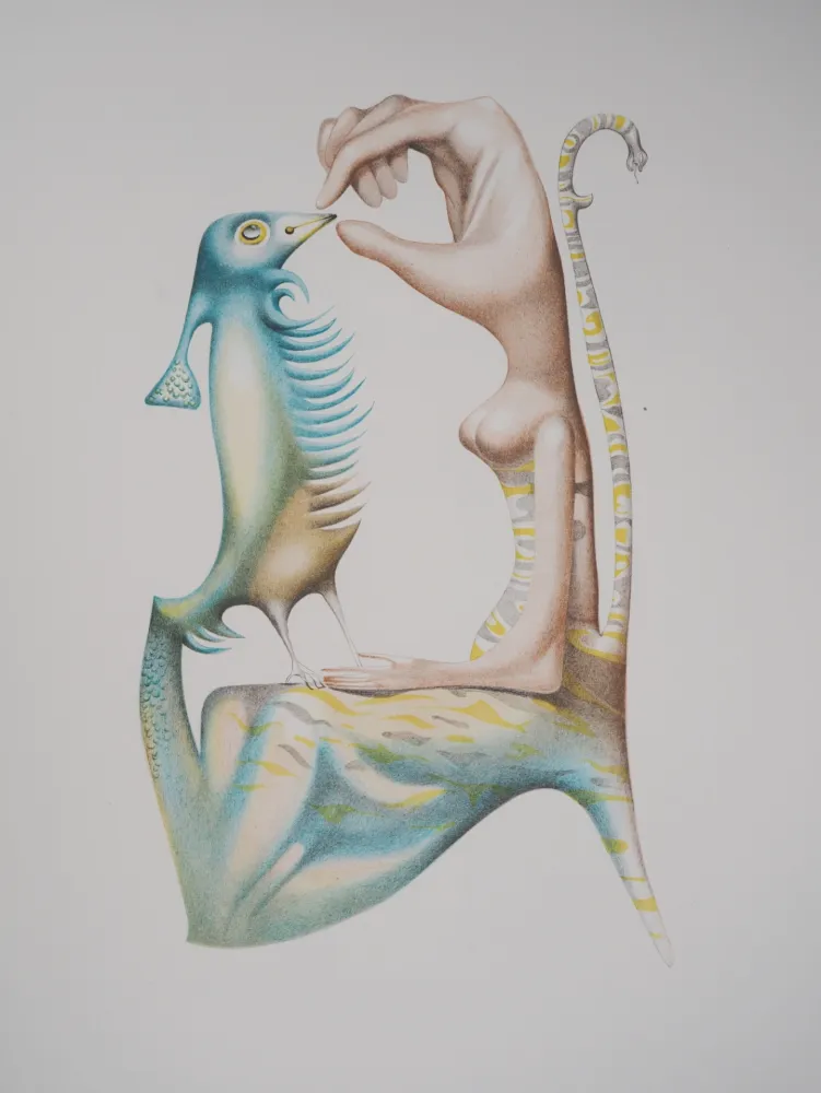 Litografia Pérahim - L'Alphabet Hébreu : Homme et oiseau