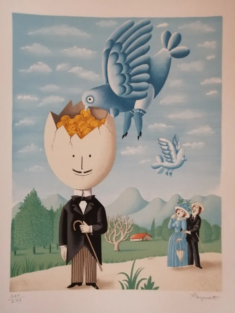 Litografia Peynet - L'Homme à la cervelle d'or