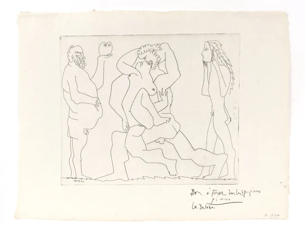 Incisione Picasso - Bacchanal with Owl and Young Man in a Mask