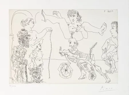 Incisione Picasso - Da Le Cocu Maquifique: Femme equilib­riste enlevee par un vieillard barbu a bicyclette devant le cocu et des spectateurs