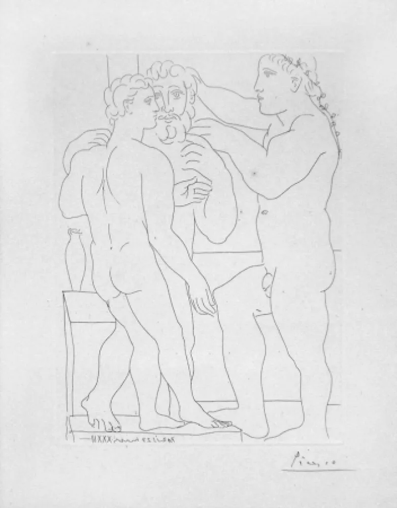 Incisione Picasso - Deux hommes sculptes - Two male statues - Three Men Standing