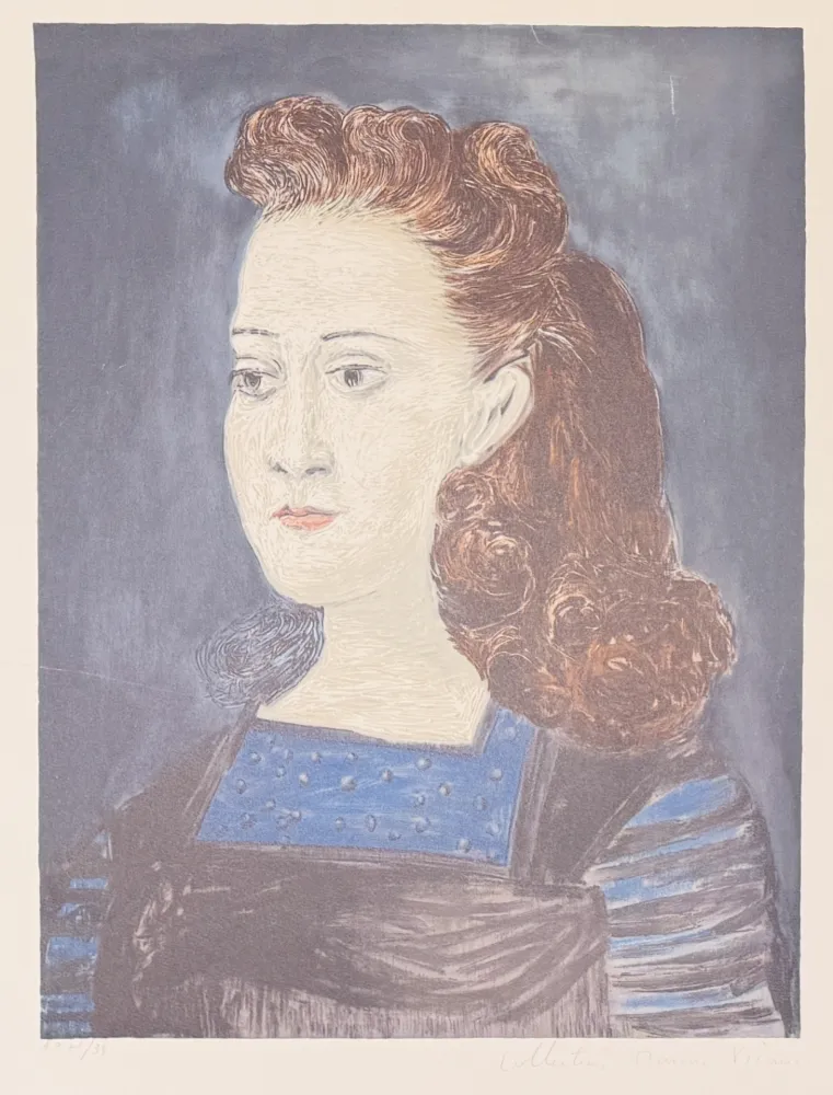 Litografia Picasso - Femme à la collerette bleue