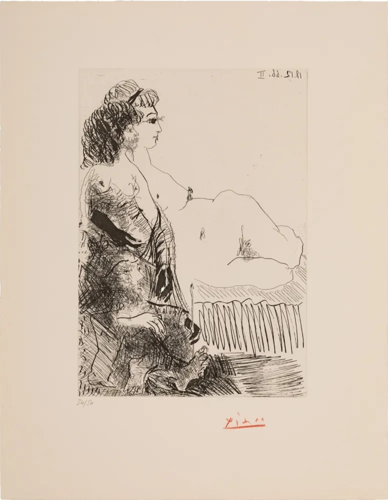 Acquatinta Picasso - Femme au divan avec une jeune fille et un vieilliard assis