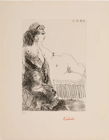 Acquatinta Picasso - Femme au divan avec une jeune fille et un vieilliard assis