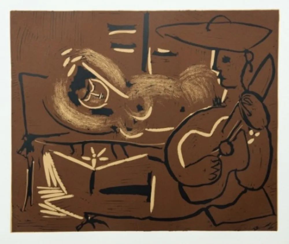 Incisione Picasso - Femme couchée et guitariste