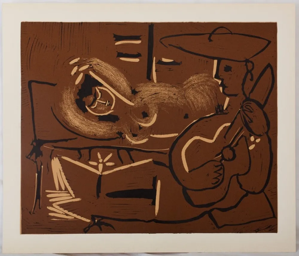 Linoincisione Picasso - Femme couchée et guitariste au chapeau