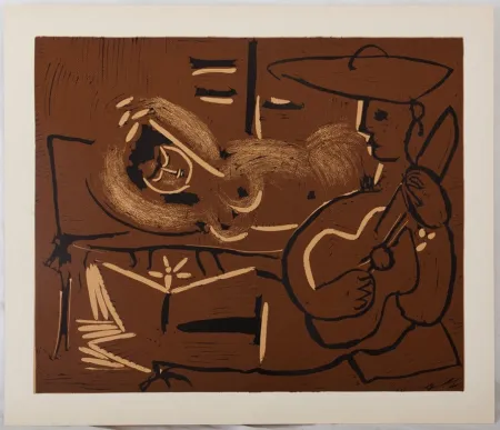 Linoincisione Picasso - Femme couchée et guitariste au chapeau