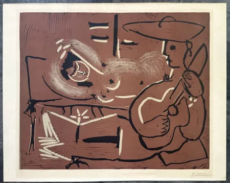 Linoincisione Picasso - FEMME COUCHÉE ET GUITARISTE. Linogravure originale signée (1959)