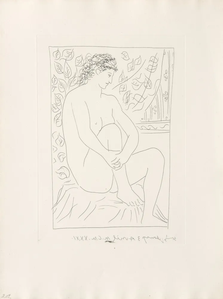 Incisione Picasso - Femme nue assise devant un rideau