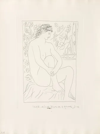 Incisione Picasso - Femme nue assise devant un rideau