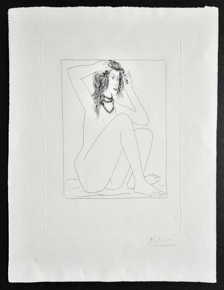 Incisione Picasso -  Femme Nue se Couronnant de Fleurs