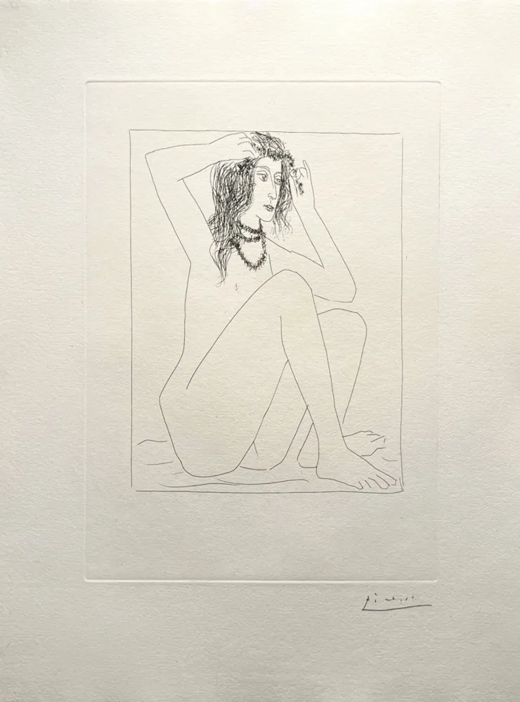 Incisione Picasso - Femme nue se couronnant de fleurs