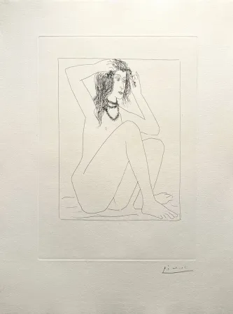 Incisione Picasso - Femme nue se couronnant de fleurs