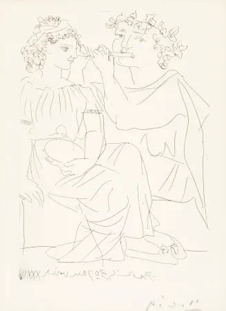Incisione Picasso - Flûtiste et Jeune Fille au Tambourin (Flutist and Tambourine girl) from the Vollard Suite, 1934