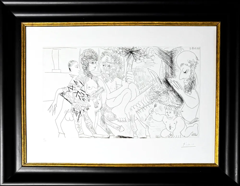 Acquaforte Picasso - Groupe avec vieillard à la torche sur un âne amoureux, femme et arlequin