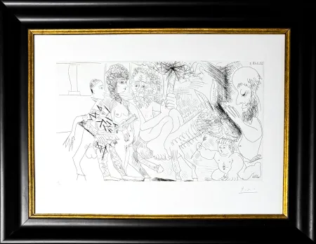 Acquaforte Picasso - Groupe avec vieillard à la torche sur un âne amoureux, femme et arlequin