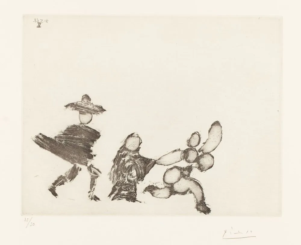 Acquaforte Picasso - Jeune fille fuyant, avec la célestine et un jeune homme