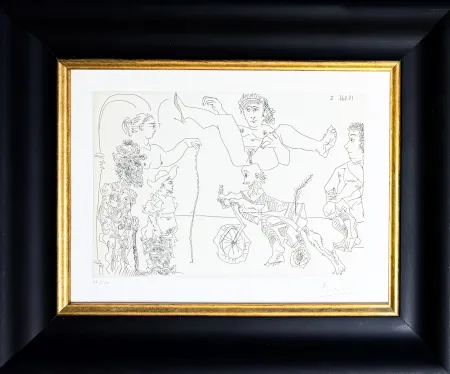 Incisione Picasso -  Le Cocu Magnifique: Femme equilib­riste enlevee par un vieillard barbu a bicyclette devant le cocu et des spectateurs