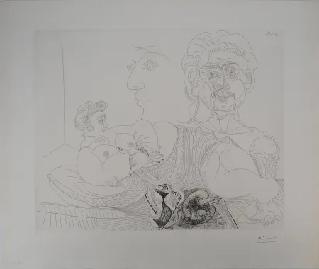 Incisione Picasso - Les 156, planche 4 : Vieux modèle pour jeune odalisque, le double regard du peintr