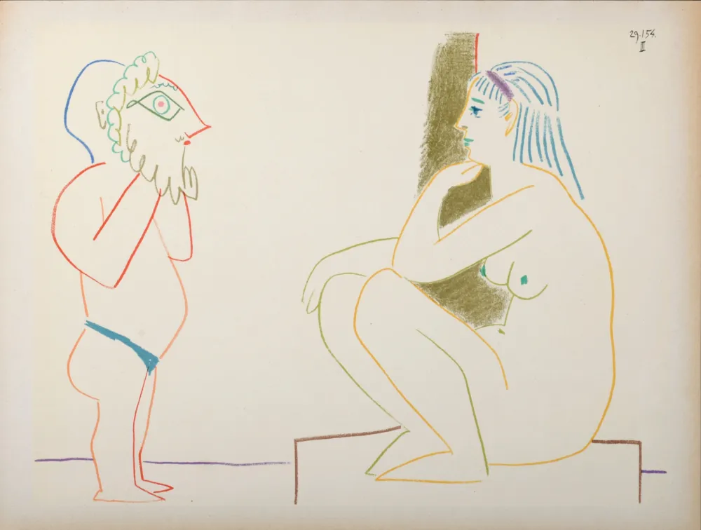 Litografia Picasso - Masked & Model, 1954