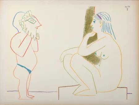 Litografia Picasso - Masked & Model, 1954