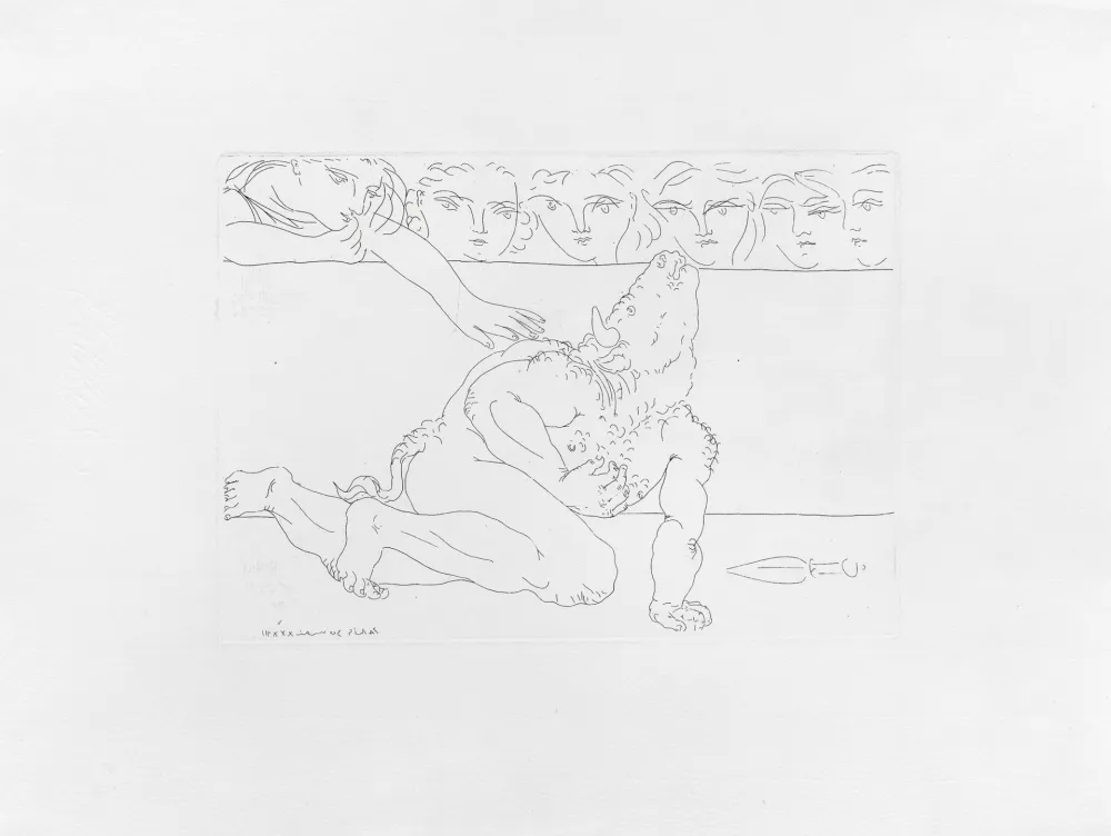 Incisione Picasso - Minotaure mourant et jeune fille pitoyable