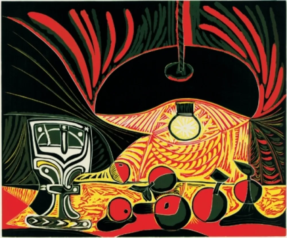 Linoincisione Picasso - Nature morte au verre sous la lampe