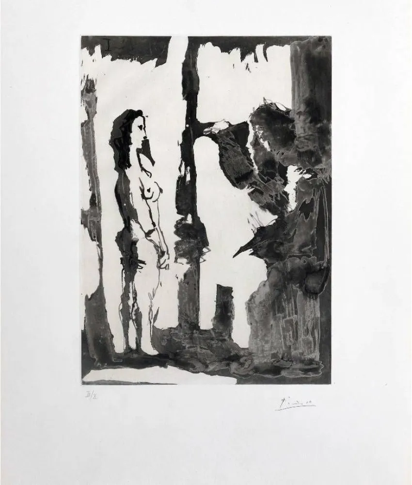 Acquaforte E Acquatinta Picasso - Peintre et modèle aux cheveux longs
