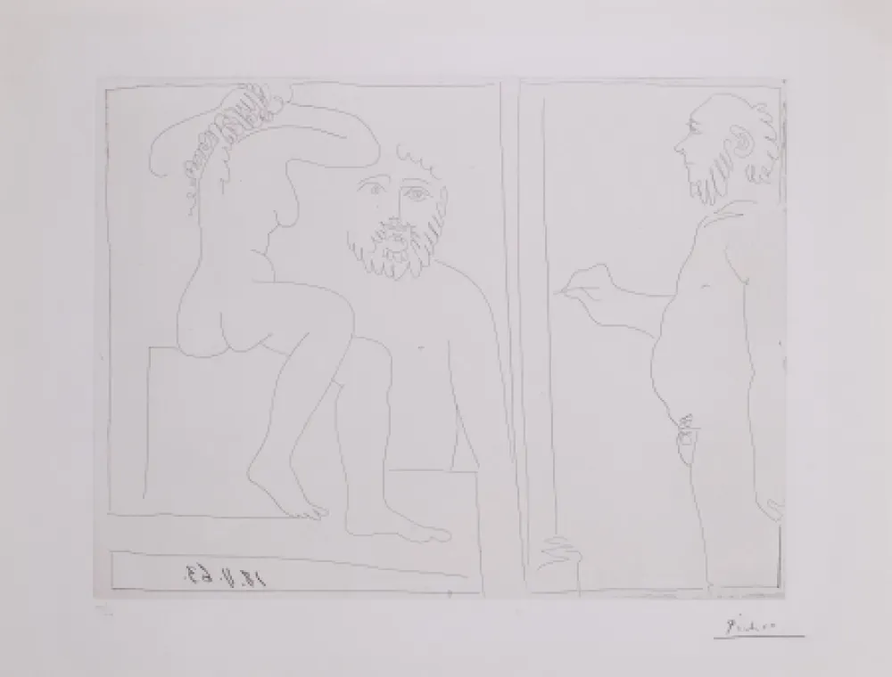 Incisione Picasso - Peintre et modele de dos, avec un spectateur