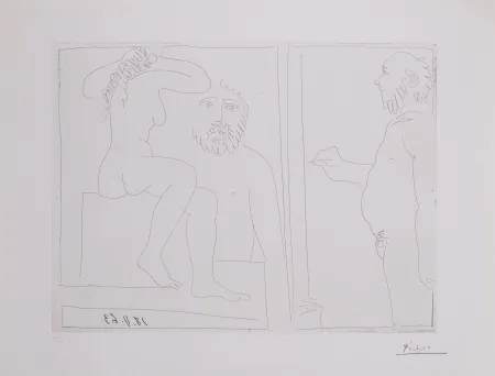 Incisione Picasso - Peintre et modele de dos, avec un spectateur