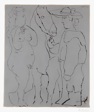 Linoincisione Picasso - Picador Debout avec son Cheval et une Femme (Picador, Woman and Horse)