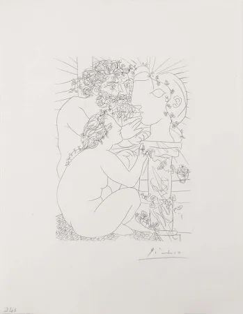 Incisione Picasso - Sculpteur Avec Son Modele, Sa Sculpture Et Un Bol D'Anemones (Sculptor with His Model, His Sculpture, and a Bowl of Anemones) from the Vollard Suite