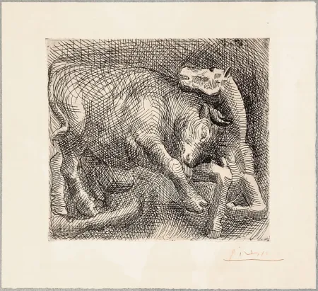 Acquaforte Picasso - TAUREAU ATTAQUANT UN CHEVAL. Eau-forte originale signée en rouge (1921)